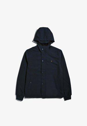 Veste à capuche noire avec boutons-pression, deux poches avant, poignets côtelés et petit logo brodé sur la poitrine gauche.