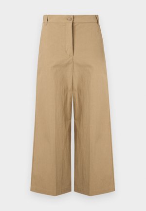 Beige bukser med høy midje og vide ben, med beltestropper, knappelukking foran og skjult glidelås.