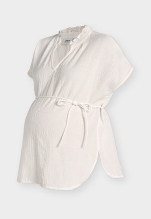 Λευκό μπλουζάκι εγκυμοσύνης με κοντά μανίκια, V-λαιμόκοψη με ρεβέρ με βολάν και ζώνη με δέσιμο στη μέση για ρύθμιση.