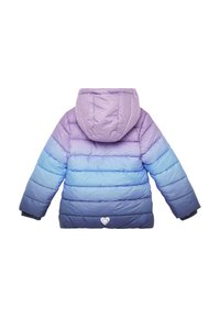De gewatteerde jas heeft een paarse naar blauwe gradient, een capuchon en een hartlogo aan de onderkant. Het gestikte ontwerp is gemaakt van zachte, gladde stof.