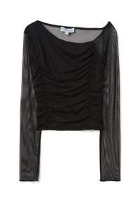 Top nero a maniche lunghe con fronte arricciato e maniche in rete trasparente. Presenta un collo ampio e una silhouette cropped. Tessuto testurizzato.