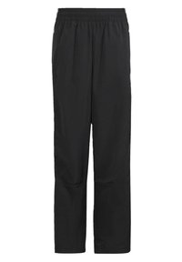 Czarne, lekkie, tkane spodnie z elastycznym pasem, prostym krojem nogawek i mankietami. Odpowiednie na co dzień lub do ćwiczeń.