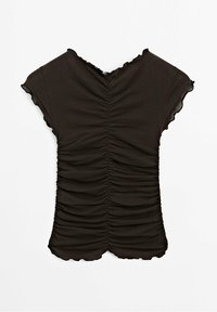 Black short-sleeve top made of soft fabric, featuring gathered texture and a scalloped neckline with ruffled edges.