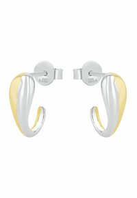 Pendientes en tonos plateado y dorado con un diseño curvado y elegante. Los pendientes tienen un acabado brillante e incluyen un pasador para un ajuste seguro.