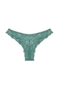Teal kanten string met bloemenpatronen, met geschulpte randen en een doorschijnende textuur. Ontwerpelementen zijn onder meer een lage taille.