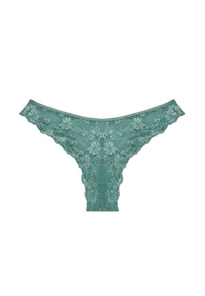 Lace thong in teal with floral patterns, featuring scalloped edges and a sheer texture. Design highlights include a low-rise shape.