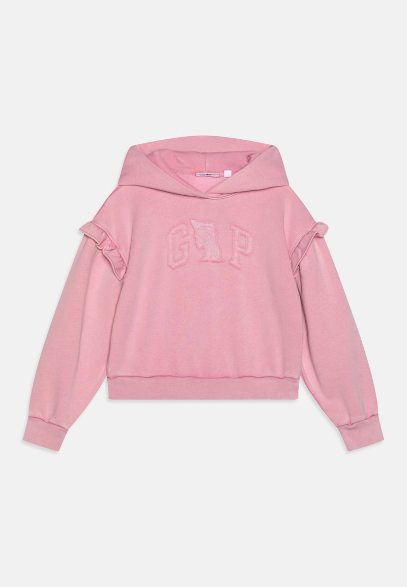 Sweatshirt cropped cor-de-rosa feito de tecido suave, apresentando um grande logótipo "GAP" e detalhes rufados nas mangas. Design clássico de sweatshirt com um corte descontraído.