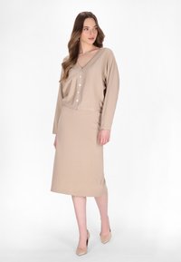 Beige pletené šaty s dlouhými rukávy, véčkovým výstřihem, uzavřením na pět knoflíků a rovnou sukní. Hladká textura, délka po kolena, doplněné o nahé podpatky.
