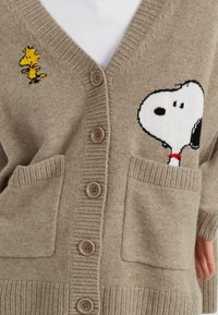 Cardigan lavorato a maglia beige con scollatura a V, con design ricamati di Snoopy e Woodstock, cinque bottoni e due tasche frontali.