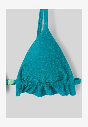Haut de bikini pailleté bleu sarcelle avec bordure à volants et fines bretelles ornées d'une petite perle verte sur un fond clair.