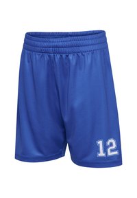 Blå sportshorts gjorda av ett mjukt, lätt tyg, med ett elastiskt midjeband och det vita tryckta numret "12" på nedre vänstra delen.