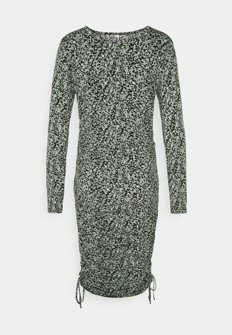 Robe midi à manches longues froncées avec imprimé abstrait noir et vert clair, dotée de liens ajustables à l'ourlet.