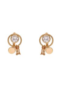 Náušnice ve zlaté barvě mají design krouceného kruhu, velký průhledný kámen a visící ozdoby ve tvaru kruhového a obdélníkového drahokamu.