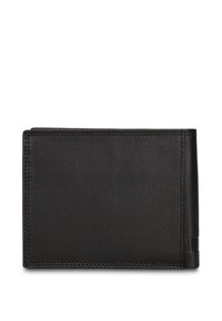 Zwarte leren portemonnee met een gladde textuur, rechthoekige vorm en subtiele stiksels. De zijkant heeft een metalen accent voor extra detail.