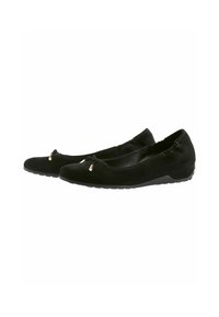 Des ballerines en suède noir avec un bout arrondi, un petit nœud avec des accents en or et une semelle en caoutchouc flexible pour le confort.