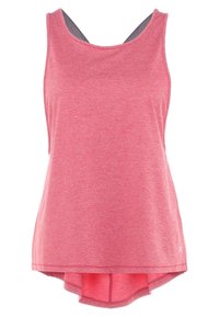 Top sin mangas de color rosa jaspeado con escote redondeado y diseño de espalda cruzada. Presenta un dobladillo curvado y tirantes en gris de contraste para un detalle adicional.