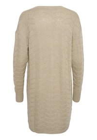 Beige dlouhý svetr s volným střihem, který má texturovaný pletený vzor, široké rukávy a kulatý výstřih.
