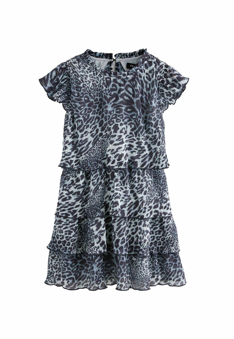 Kleid im Leopardenmuster mit kurzen, schwingenden Ärmeln, gestuften Rüschendesign und aus einem weichen, leichten Stoff in Grautönen und Schwarz.