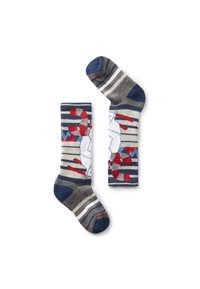 Calcetines de mezcla de algodón con franjas en azul marino, gris y blanco, un patrón geométrico en rojo y azul, y un diseño abstracto en blanco.