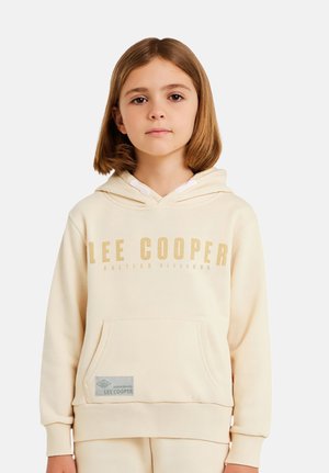 Sweat à capuche couleur crème avec une poche frontale, une capuche à cordon de serrage et le logo "LEE COOPER" en or. Tissu doux avec une coupe décontractée.