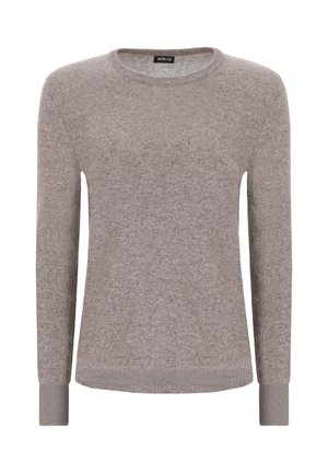 Maglione lavorato a maglia color marrone chiaro con scollatura a girocollo, maniche lunghe e polsini a coste. Texture morbida, design semplice senza motivi.