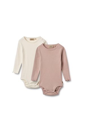 Deux bodysuits à manches longues, un crème avec des bords festonnés et un rose clair, tous deux en tissu côtelé doux avec des fermetures à pressions.