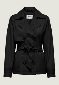 Trench-coat noir à double boutonnage, grands boutons, col à rabat et taille ceinturée. Fabriqué dans un tissu lisse.