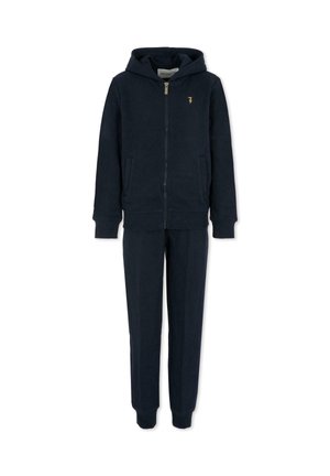 Navyblauwe trainingspak van zacht materiaal, met een rits-hoodie met een klein gouden logo en bijpassende broek met geribde manchetten.