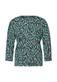 Blouse à manches longues arborant un motif abstrait multicolore dans des nuances de vert et de bleu sur un fond sombre. Tissu doux et texturé.