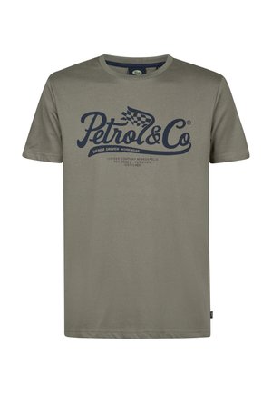 Olive green cotton t-shirt with a round neckline and short sleeves, featuring a navy blue print logo and text on the front.