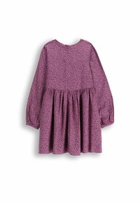 Fioletowa sukienka z długimi bufkami na rękawach, okrągłym dekoltem i marszczonym dołem z delikatnym kwiatowym wzorem. Zapięcie z tyłu na guziki.