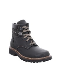 Botín de cuero negro con cordones grises, suela resistente, ojetes de metal y costuras marrones en contraste a lo largo del borde.