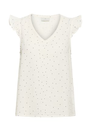Hvid ærmeløs bluse med V-udskæring, sort prikket mønster og flæseærmer. Fremstillet af letvægtsstof med bølget halsudskæring.