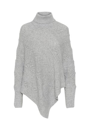 Hellgrauer gestrickter Rollkragenpullover mit hohem Kragen, asymmetrischem Saum und strukturierten diagonalen Mustern auf dem Stoff.