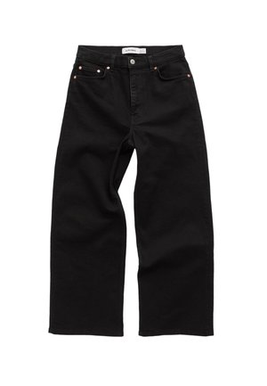 Schwarze High-Waist-Jeans mit weitem Bein, Knopf- und Reißverschluss, Vorder- und Hintertaschen mit kupferfarbenen Nieten-Details.