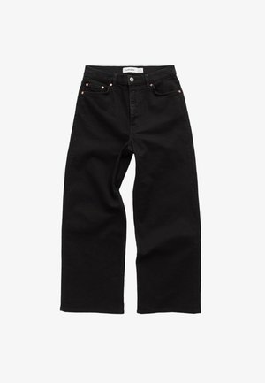 Schwarze High-Waist-Jeans mit weitem Bein, Knopf- und Reißverschluss, Vorder- und Hintertaschen mit kupferfarbenen Nieten-Details.