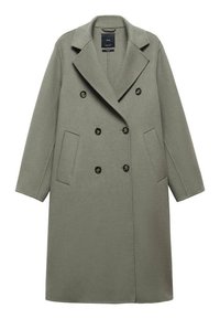 Manteau croisé en mélange de laine vert olive. Présente de grands revers, deux poches avant et des boutons foncés. Lignes épurées, coupe mi-longue.