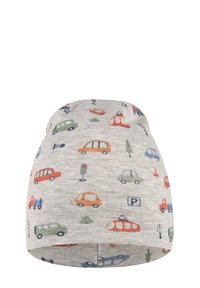 Gray cotton beanie with a playful car pattern in red, green, blue, and orange. Features images of vehicles, traffic lights, and trees.