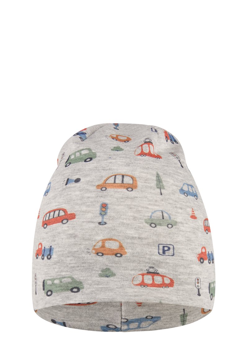 Gray cotton beanie with a playful car pattern in red, green, blue, and orange. Features images of vehicles, traffic lights, and trees.