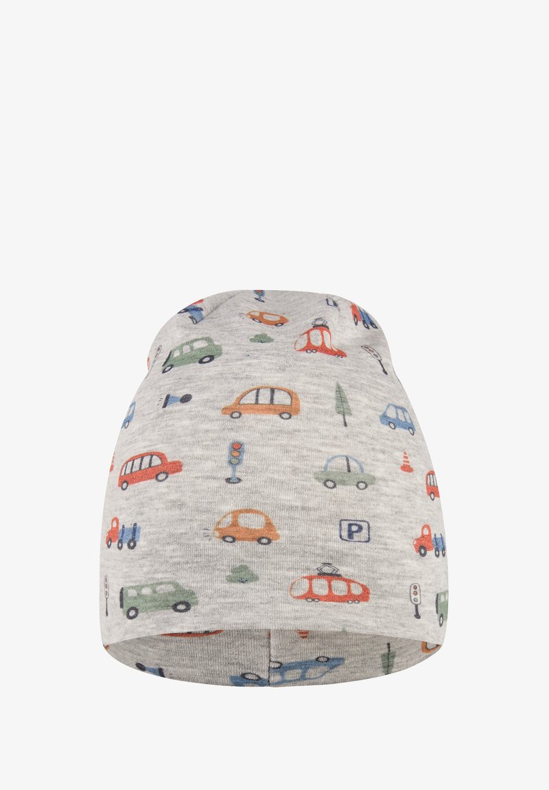 Gray cotton beanie with a playful car pattern in red, green, blue, and orange. Features images of vehicles, traffic lights, and trees.