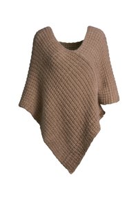 Poncho marrone lavorato a maglia con texture a nido d'ape, maniche corte e scollatura rotonda, esposto su uno sfondo bianco.