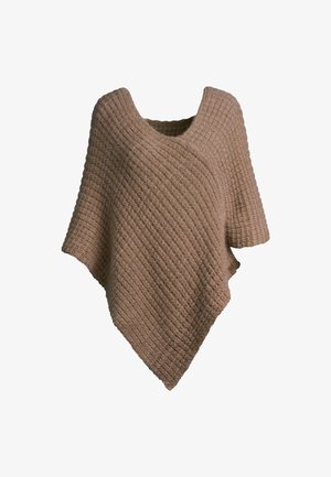 Barna, waffle mintás, rövid ujjú, kerek nyakú kötött poncsó, fehér háttér előtt bemutatva.