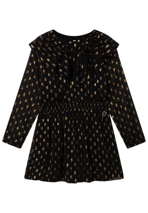 Zwarte jurk met lange mouwen, een gerimpelde halslijn, een elastische taille en een gouden stippenpatroon.