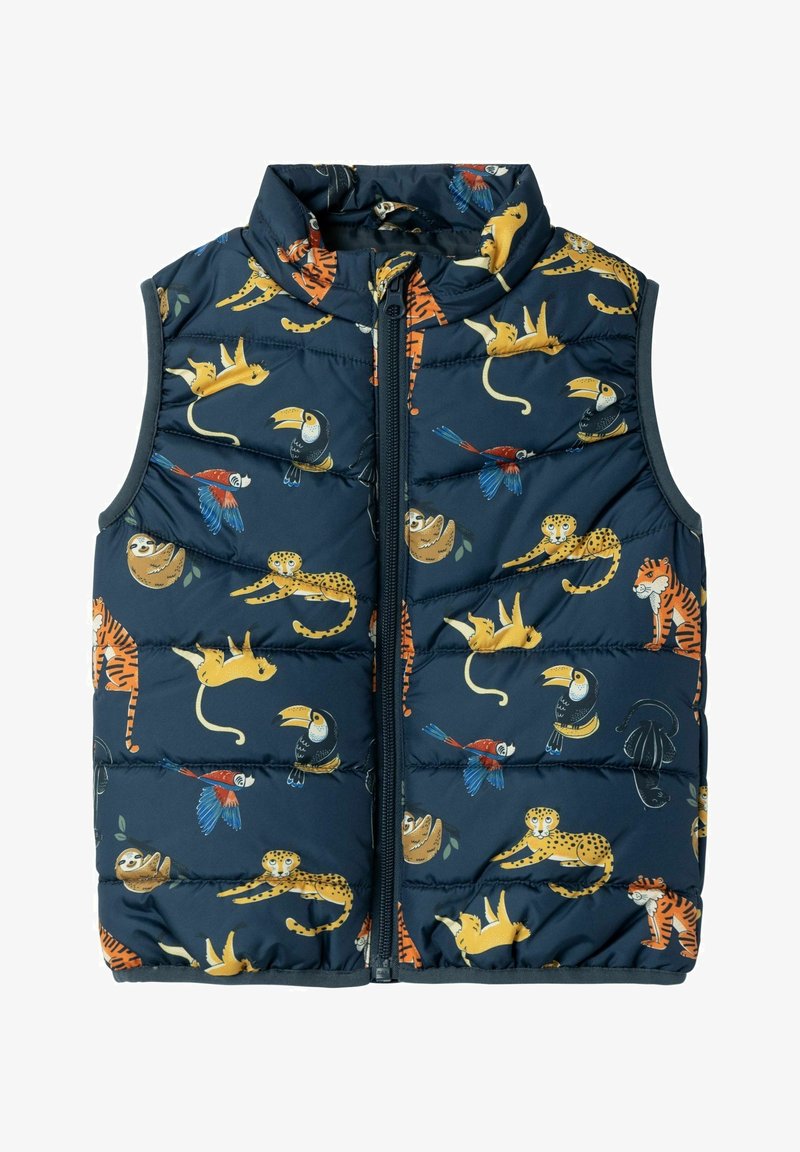 Veste matelassée bleu marine pour enfants avec des animaux de la jungle colorés, incluant tigres, toucans, perroquets, léopards et paresseux imprimés partout.
