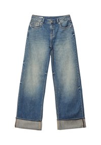 Svetlo modré džíny s širokými nohavicami, ktoré obsahujú viditeľné vyblednutie, zapínanie na gombík a ohrnuté manžety s kontrastným šitím.