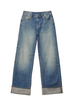 Jeans in denim azzurro chiaro a gamba larga con scoloriture visibili, chiusura a bottone e orli arrotolati con cucitura a contrasto.