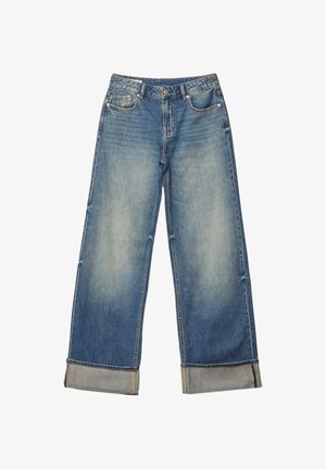 Light blue denim wide-leg jeans featuring visible fading, a button closure, and rolled cuffs with a contrasting stitch.