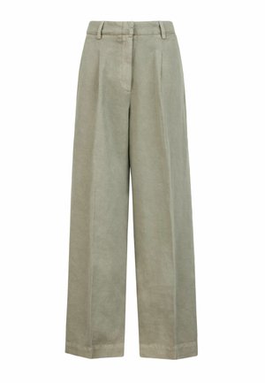 Beige højttaljede bukser med vide ben, bæltestropper og forlommer med læg foran.