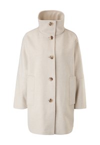Béžový kabát s vysokým l�ímcem, pěti dřevěnými knoflíky a dvěma bočními kapsami. Disponuje měkkou, texturovanou látkou a volným střihem.