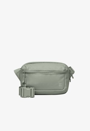 Kompakte graue Bauchtasche mit verstellbarem Riemen, Front-Reißverschlusstasche und "GOT BAG"-Logo in der unteren rechten Ecke.